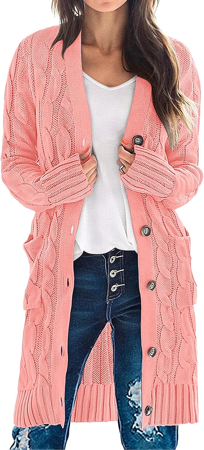 Women'S Fall Cable Knit Button Long Cardigan Sweater | Button Front, Long Sleeve, Chunky Knit, Open Front, V Neck, Loose Fit, Side Pockets, 2026 Winter, Casual Outerwear