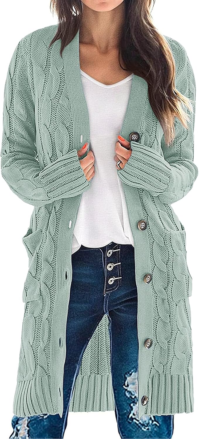 Women'S Fall Cable Knit Button Long Cardigan Sweater | Button Front, Long Sleeve, Chunky Knit, Open Front, V Neck, Loose Fit, Side Pockets, 2026 Winter, Casual Outerwear