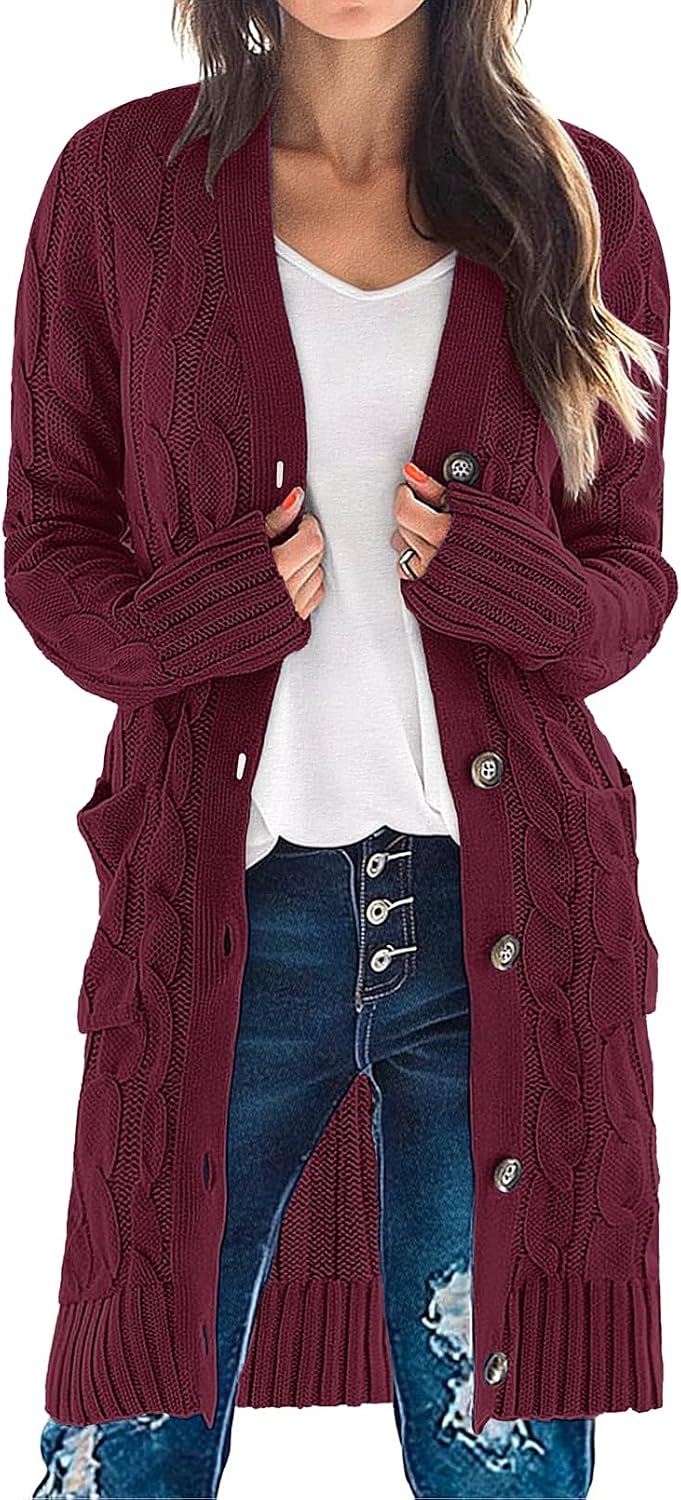 Women'S Fall Cable Knit Button Long Cardigan Sweater | Button Front, Long Sleeve, Chunky Knit, Open Front, V Neck, Loose Fit, Side Pockets, 2026 Winter, Casual Outerwear