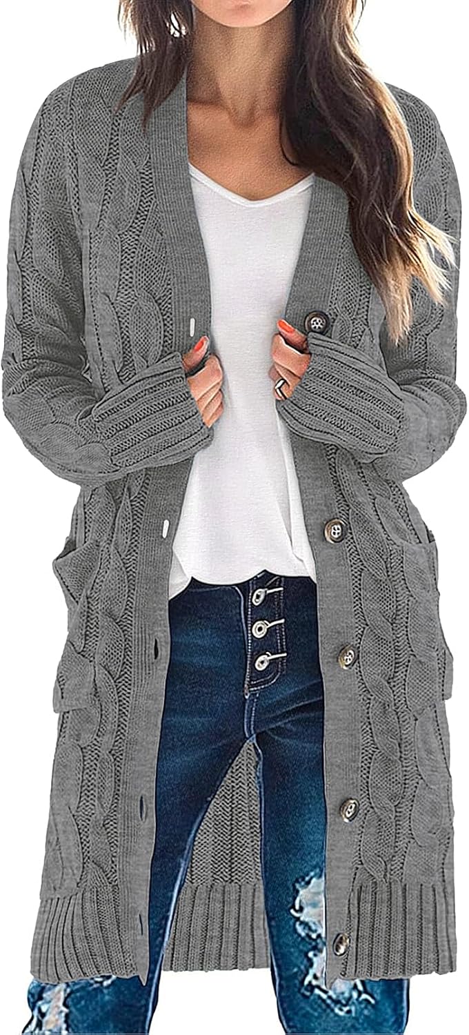 Women'S Fall Cable Knit Button Long Cardigan Sweater | Button Front, Long Sleeve, Chunky Knit, Open Front, V Neck, Loose Fit, Side Pockets, 2026 Winter, Casual Outerwear