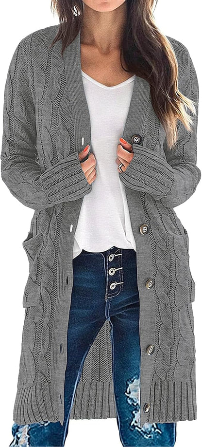 Women'S Fall Cable Knit Button Long Cardigan Sweater | Button Front, Long Sleeve, Chunky Knit, Open Front, V Neck, Loose Fit, Side Pockets, 2026 Winter, Casual Outerwear