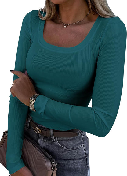Womens Long Sleeve Scoop Neck Ribbed Knit Fitted Casual Tops Tee Slim Basic Shirts