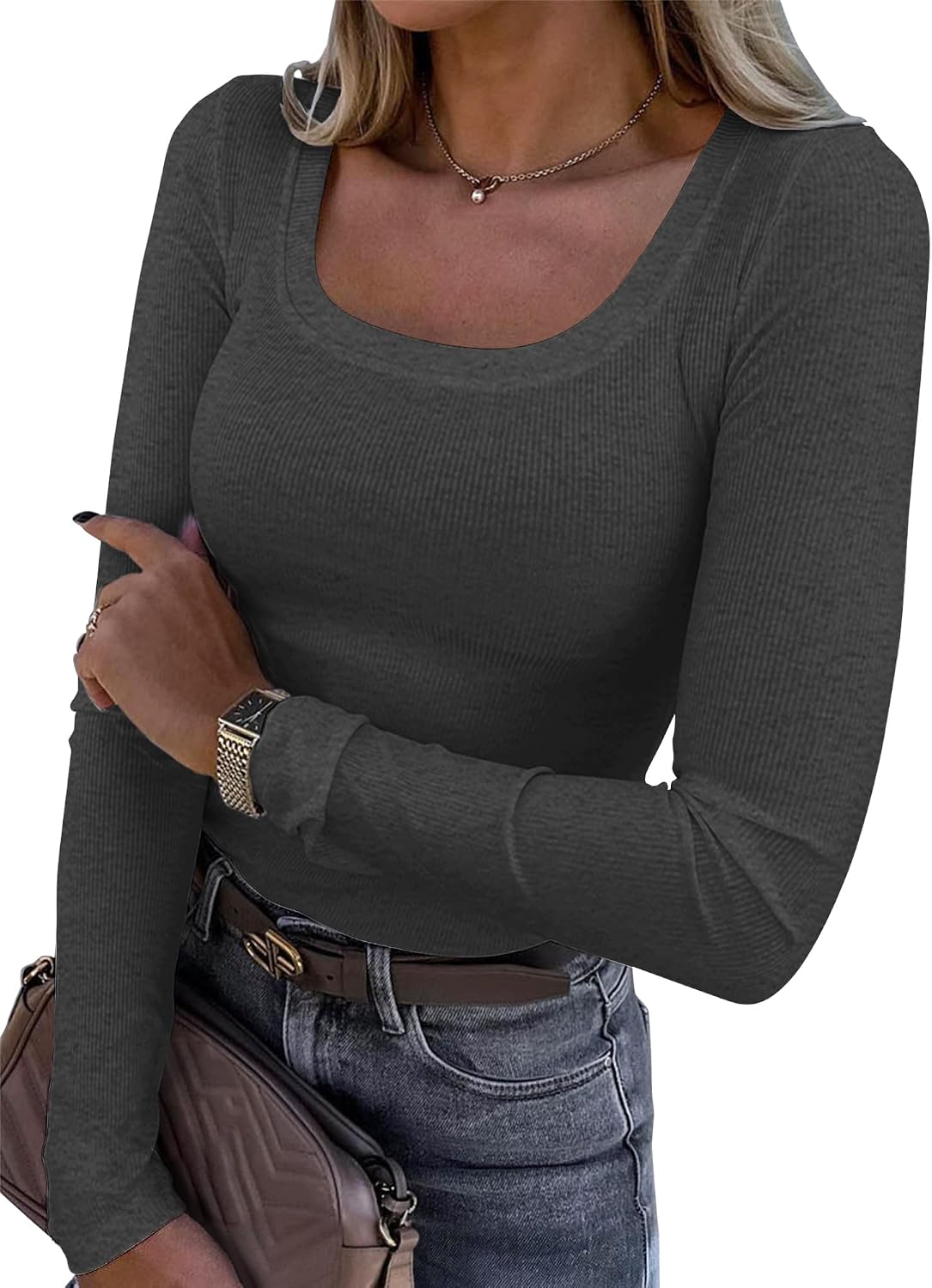 Womens Long Sleeve Scoop Neck Ribbed Knit Fitted Casual Tops Tee Slim Basic Shirts