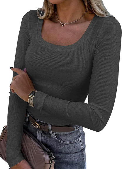 Womens Long Sleeve Scoop Neck Ribbed Knit Fitted Casual Tops Tee Slim Basic Shirts