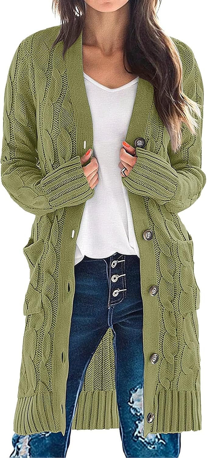 Women'S Fall Cable Knit Button Long Cardigan Sweater | Button Front, Long Sleeve, Chunky Knit, Open Front, V Neck, Loose Fit, Side Pockets, 2026 Winter, Casual Outerwear