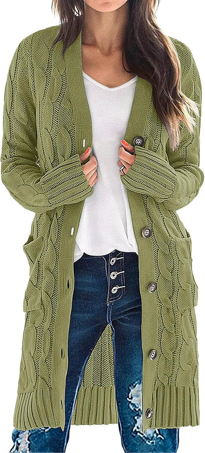 Women'S Fall Cable Knit Button Long Cardigan Sweater | Button Front, Long Sleeve, Chunky Knit, Open Front, V Neck, Loose Fit, Side Pockets, 2026 Winter, Casual Outerwear