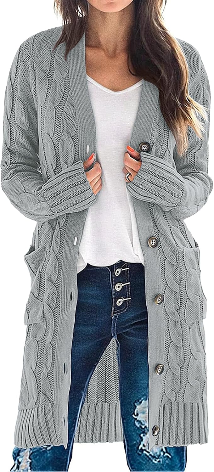 Women'S Fall Cable Knit Button Long Cardigan Sweater | Button Front, Long Sleeve, Chunky Knit, Open Front, V Neck, Loose Fit, Side Pockets, 2026 Winter, Casual Outerwear