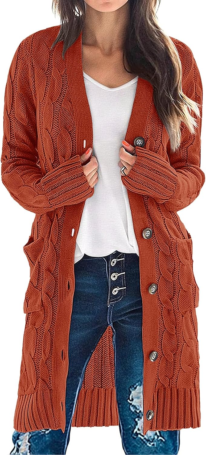 Women'S Fall Cable Knit Button Long Cardigan Sweater | Button Front, Long Sleeve, Chunky Knit, Open Front, V Neck, Loose Fit, Side Pockets, 2026 Winter, Casual Outerwear
