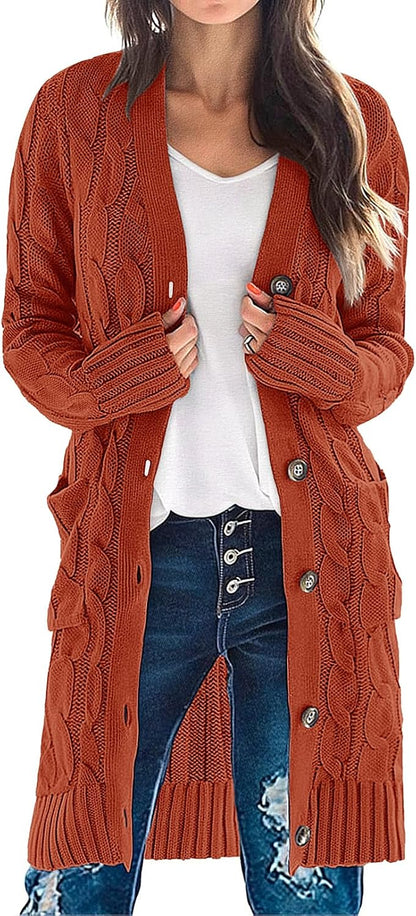 Women'S Fall Cable Knit Button Long Cardigan Sweater | Button Front, Long Sleeve, Chunky Knit, Open Front, V Neck, Loose Fit, Side Pockets, 2026 Winter, Casual Outerwear
