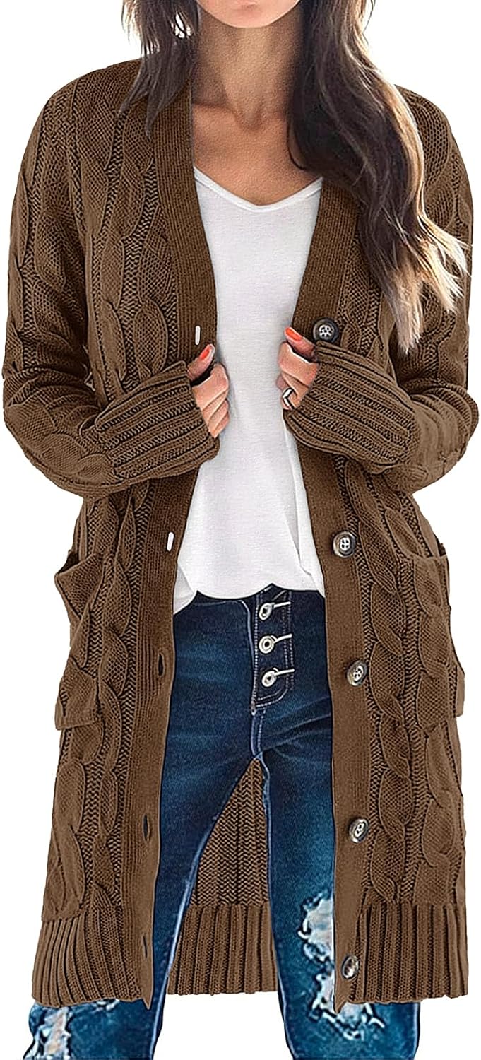 Women'S Fall Cable Knit Button Long Cardigan Sweater | Button Front, Long Sleeve, Chunky Knit, Open Front, V Neck, Loose Fit, Side Pockets, 2026 Winter, Casual Outerwear