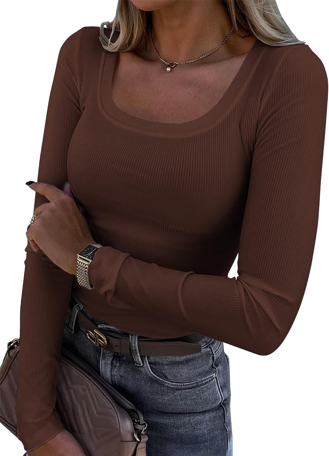 Womens Long Sleeve Scoop Neck Ribbed Knit Fitted Casual Tops Tee Slim Basic Shirts