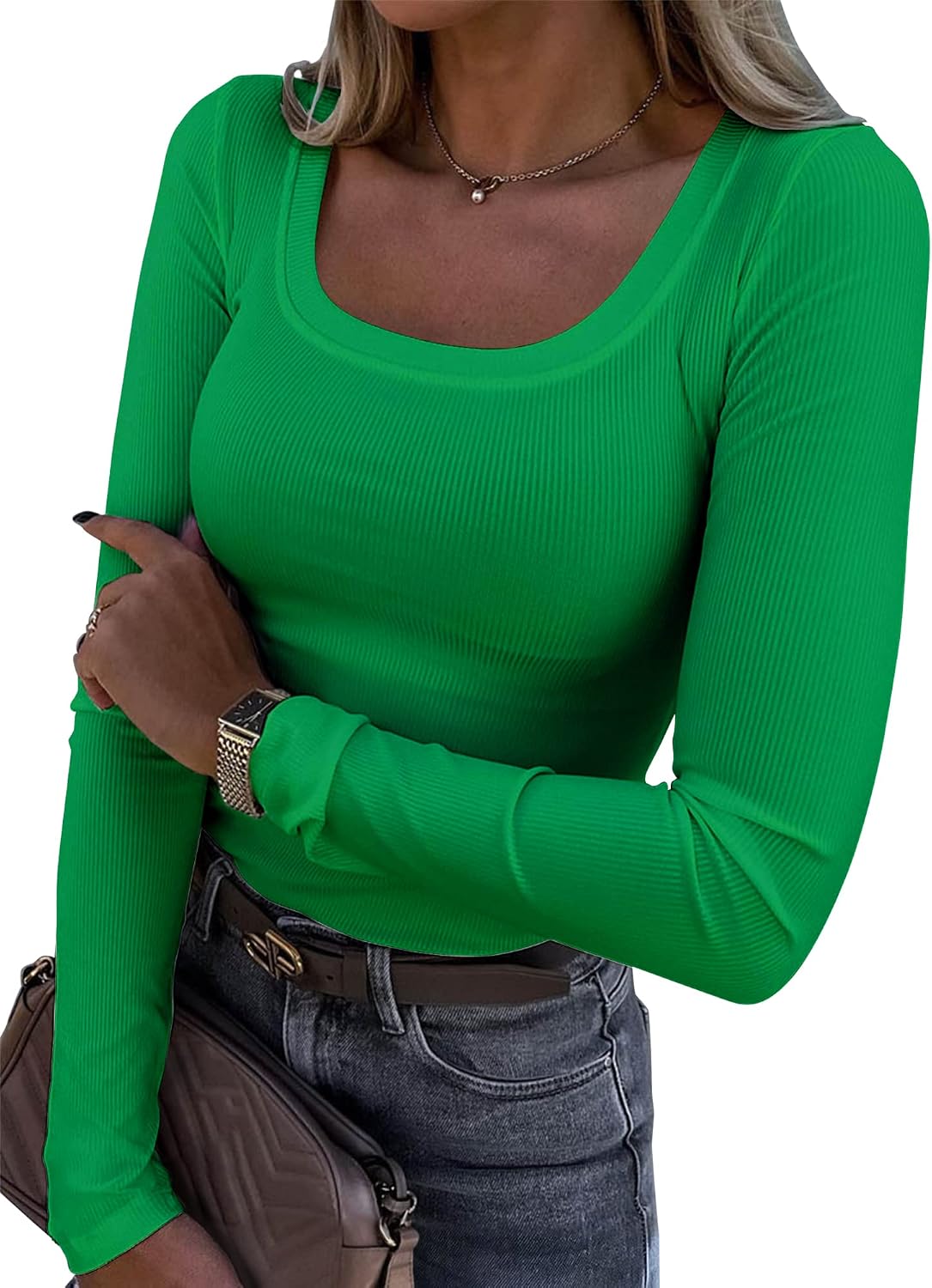 Womens Long Sleeve Scoop Neck Ribbed Knit Fitted Casual Tops Tee Slim Basic Shirts