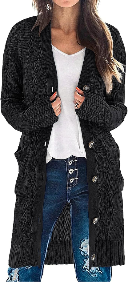 Women'S Fall Cable Knit Button Long Cardigan Sweater | Button Front, Long Sleeve, Chunky Knit, Open Front, V Neck, Loose Fit, Side Pockets, 2026 Winter, Casual Outerwear