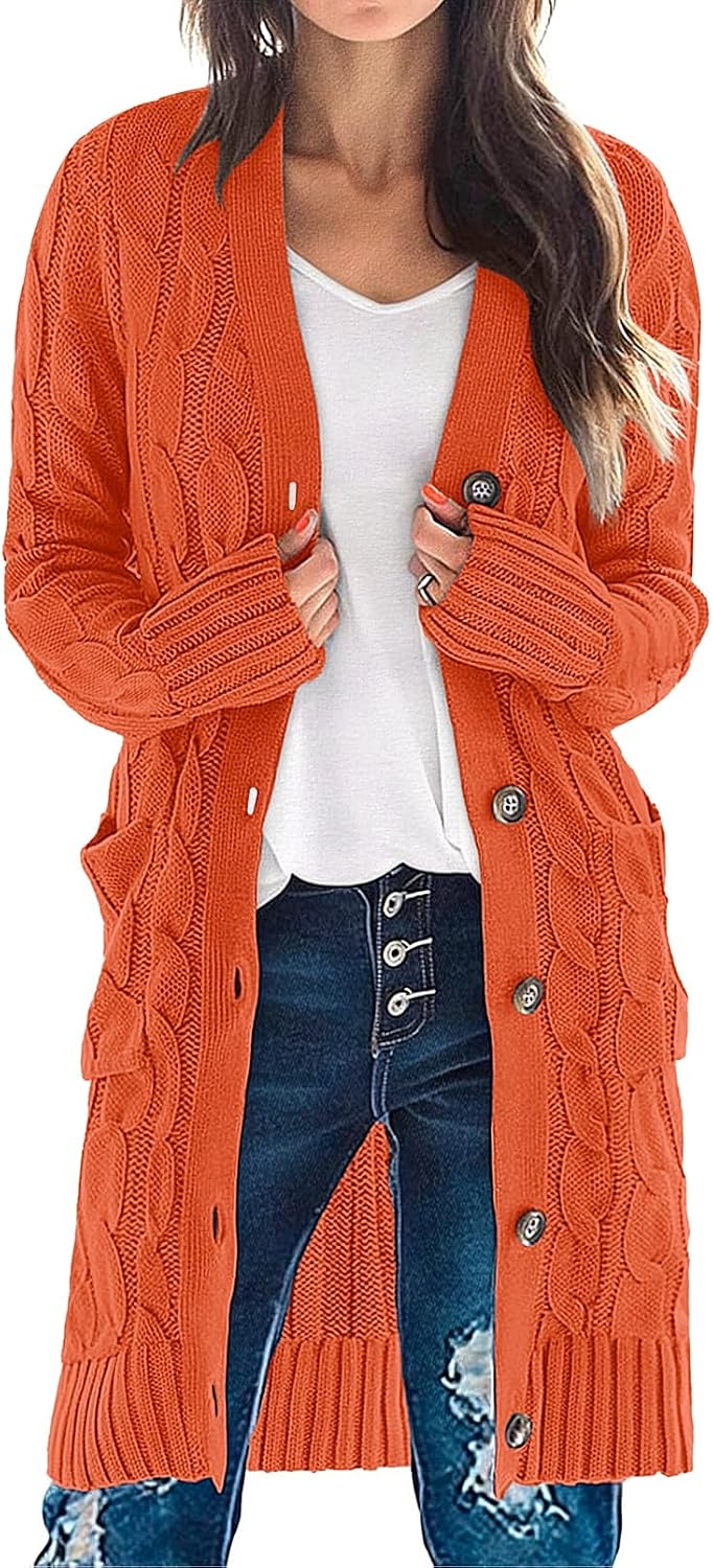 Women'S Fall Cable Knit Button Long Cardigan Sweater | Button Front, Long Sleeve, Chunky Knit, Open Front, V Neck, Loose Fit, Side Pockets, 2026 Winter, Casual Outerwear