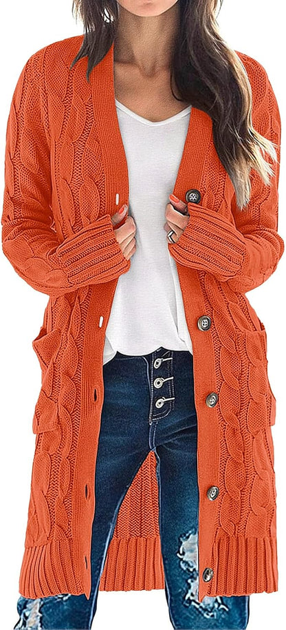 Women'S Fall Cable Knit Button Long Cardigan Sweater | Button Front, Long Sleeve, Chunky Knit, Open Front, V Neck, Loose Fit, Side Pockets, 2026 Winter, Casual Outerwear