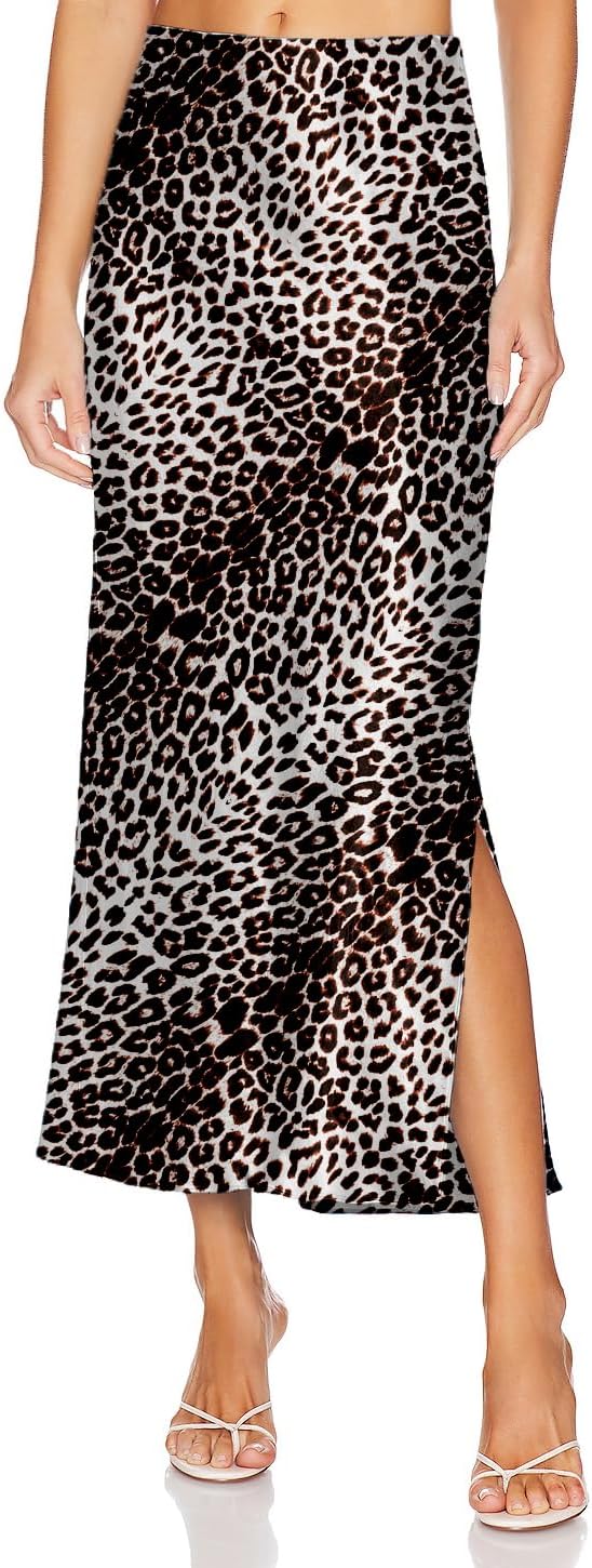 Womens Satin Silk Maxi Slit Skirt Elastic Waistband Leopard Print Maxi Long Satin Slit Skirts for Women