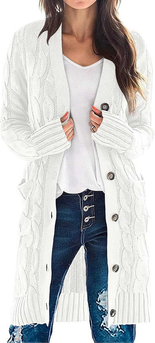The Open Cardigan in beige — chunky cable-knit open cardigan