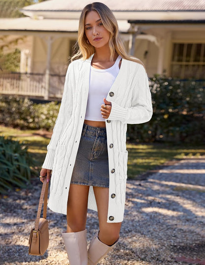 Women'S Fall Cable Knit Button Long Cardigan Sweater | Button Front, Long Sleeve, Chunky Knit, Open Front, V Neck, Loose Fit, Side Pockets, 2026 Winter, Casual Outerwear