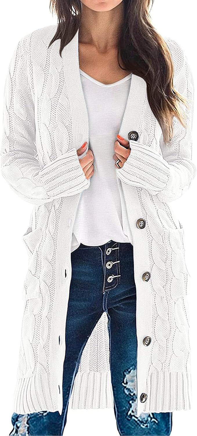 Women'S Fall Cable Knit Button Long Cardigan Sweater | Button Front, Long Sleeve, Chunky Knit, Open Front, V Neck, Loose Fit, Side Pockets, 2026 Winter, Casual Outerwear