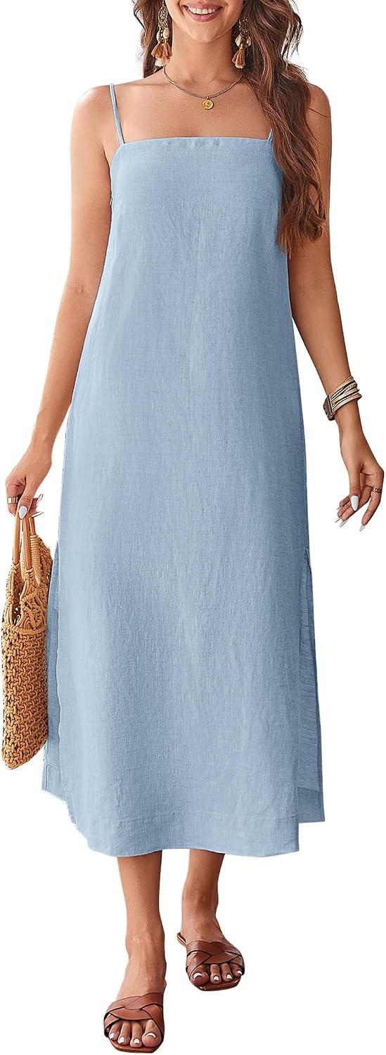 100% Linen Dresses Square Neck Sleeveless Spaghetti Strap Midi Dress | Summer Casual Holiday Dress with Slit, Solid Color, Relax Fit