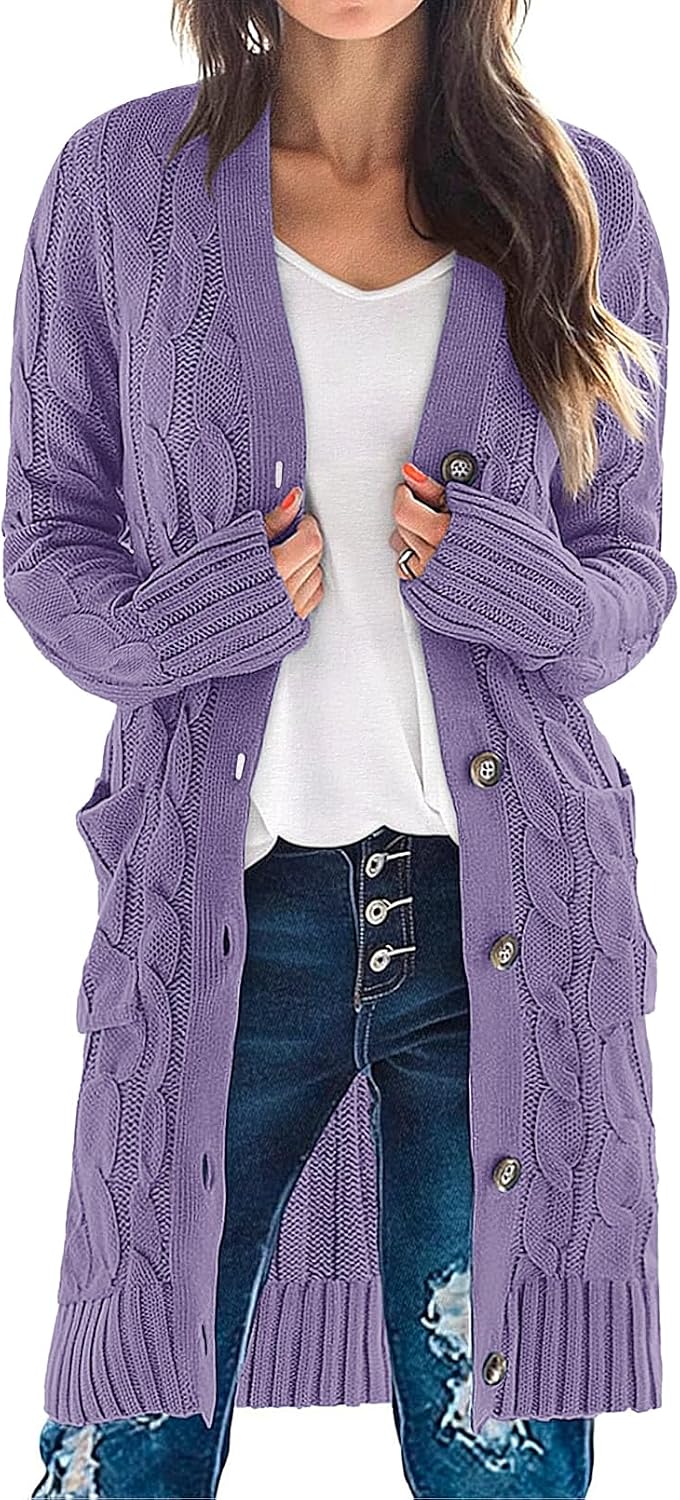 Women'S Fall Cable Knit Button Long Cardigan Sweater | Button Front, Long Sleeve, Chunky Knit, Open Front, V Neck, Loose Fit, Side Pockets, 2026 Winter, Casual Outerwear