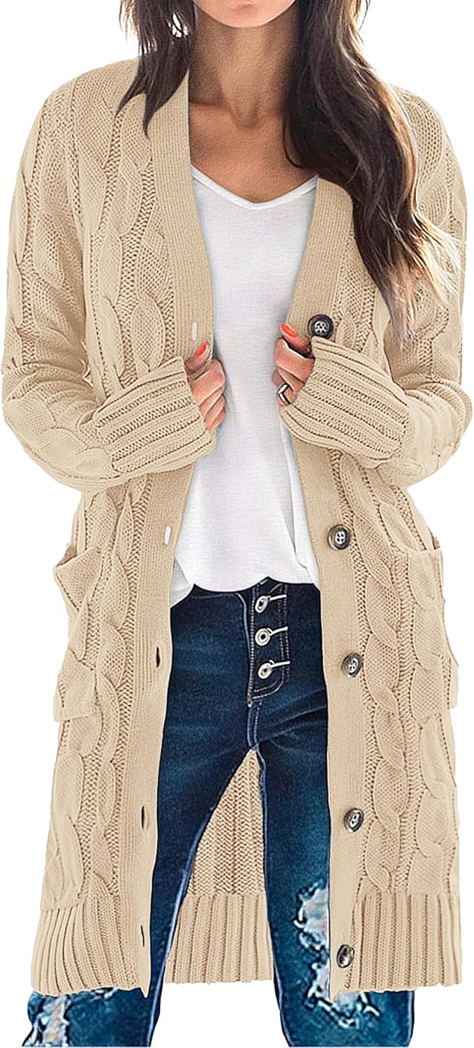 Women'S Fall Cable Knit Button Long Cardigan Sweater | Button Front, Long Sleeve, Chunky Knit, Open Front, V Neck, Loose Fit, Side Pockets, 2026 Winter, Casual Outerwear