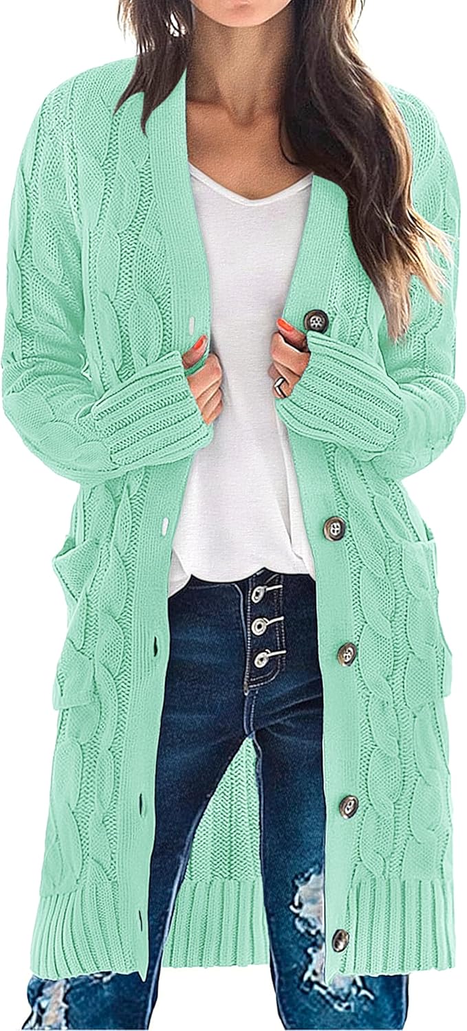 Women'S Fall Cable Knit Button Long Cardigan Sweater | Button Front, Long Sleeve, Chunky Knit, Open Front, V Neck, Loose Fit, Side Pockets, 2026 Winter, Casual Outerwear
