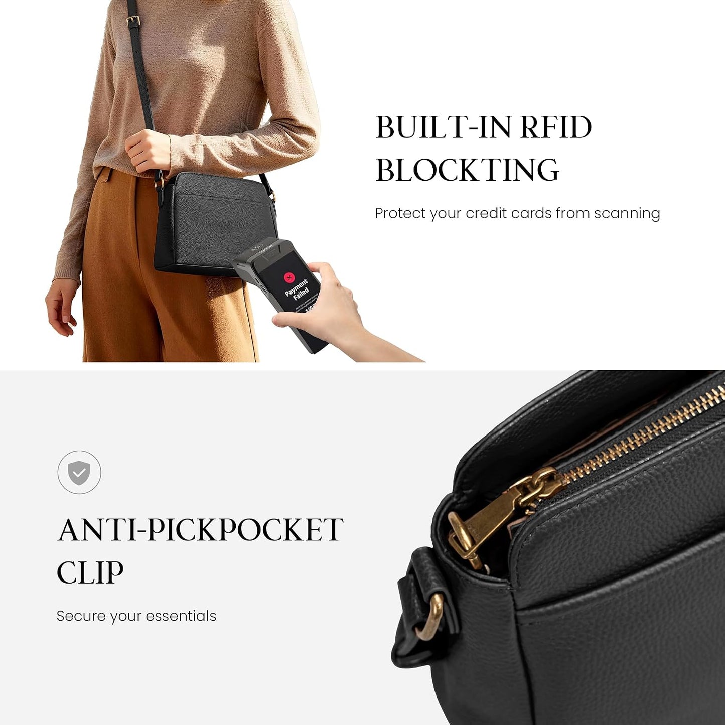 Anti-Theft Crossbody Bag for Women Genuine Leather, Small Cross Body Shoulder Handbags with RFID Card Slots