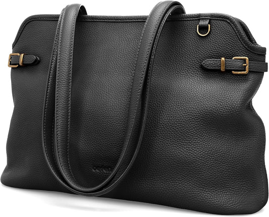 The Everyday Tote in black — medium soft leather shoulder tote