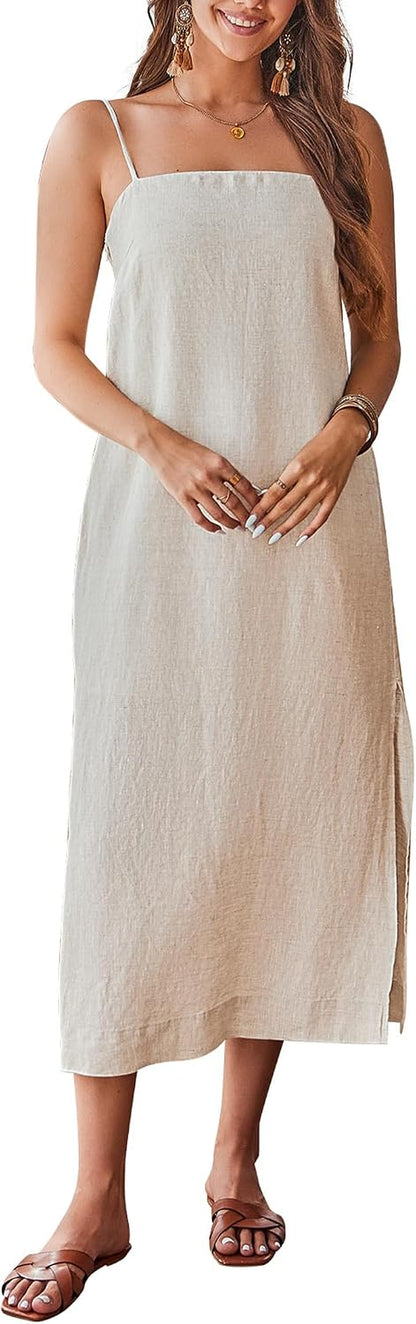 The Linen Column in white — square-neck linen midi dress with slit