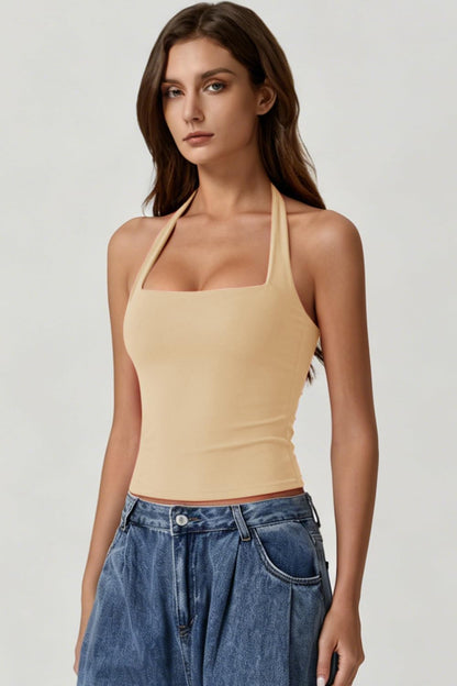 Women'S Backless Halter Tank Top Button Closure Square Neck Double Line Casual Daily Top Going Out Cami