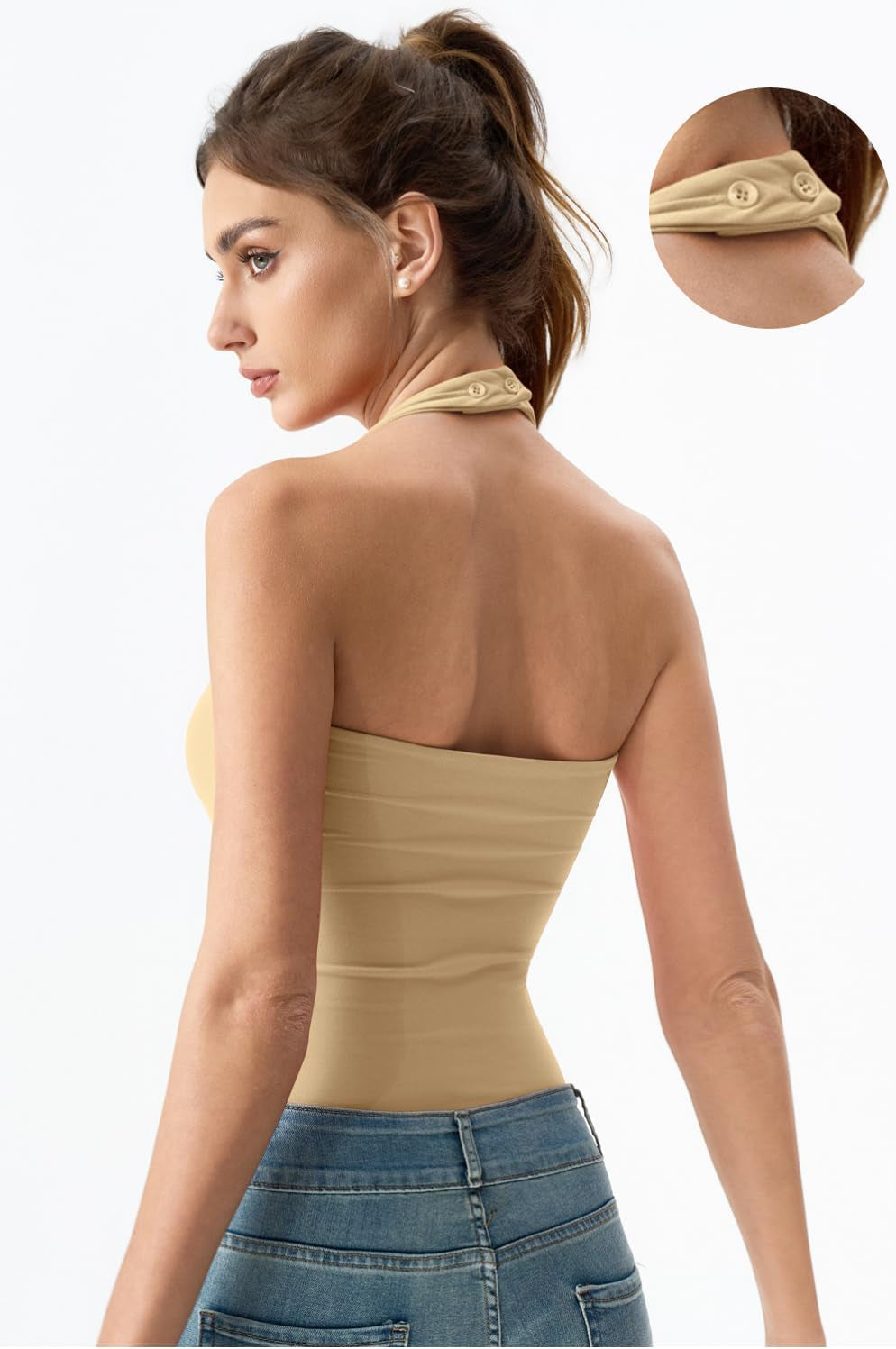 Women'S Backless Halter Tank Top Button Closure Square Neck Double Line Casual Daily Top Going Out Cami