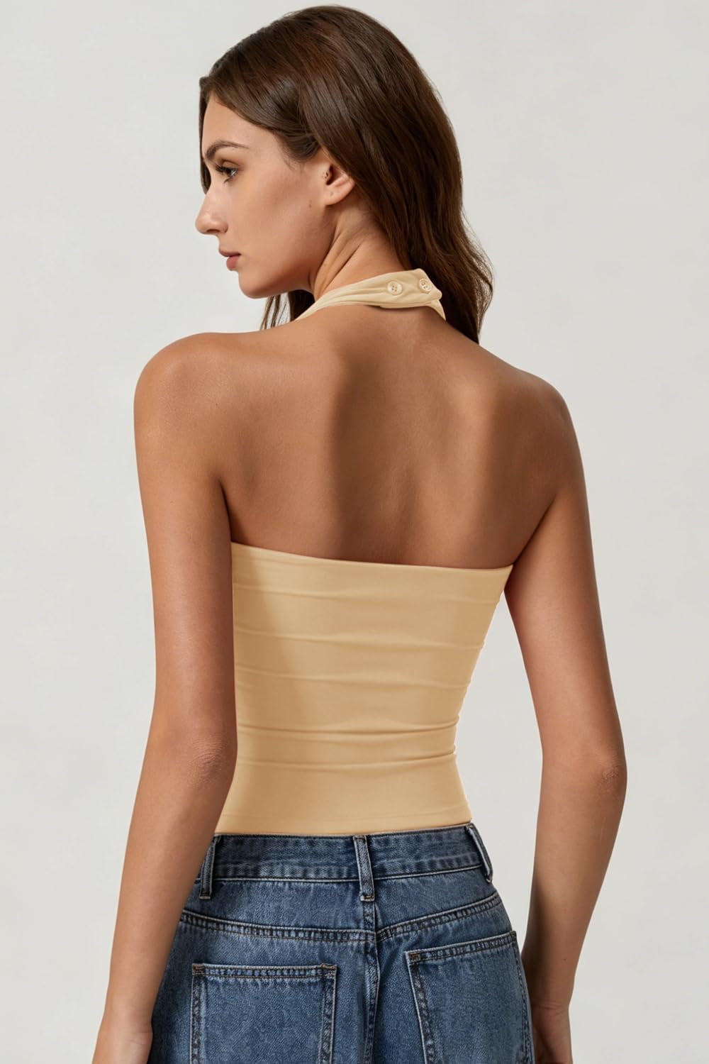 Women'S Backless Halter Tank Top Button Closure Square Neck Double Line Casual Daily Top Going Out Cami