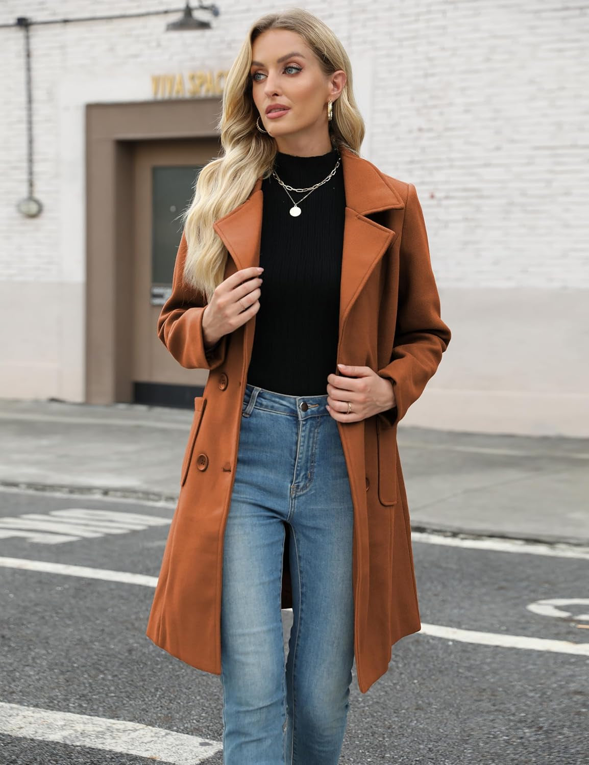 Women Winter Wool Blend Camel Mid-Long Coat Notch Double-Breasted Lapel Jacket Outwear