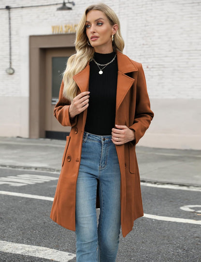 Women Winter Wool Blend Camel Mid-Long Coat Notch Double-Breasted Lapel Jacket Outwear