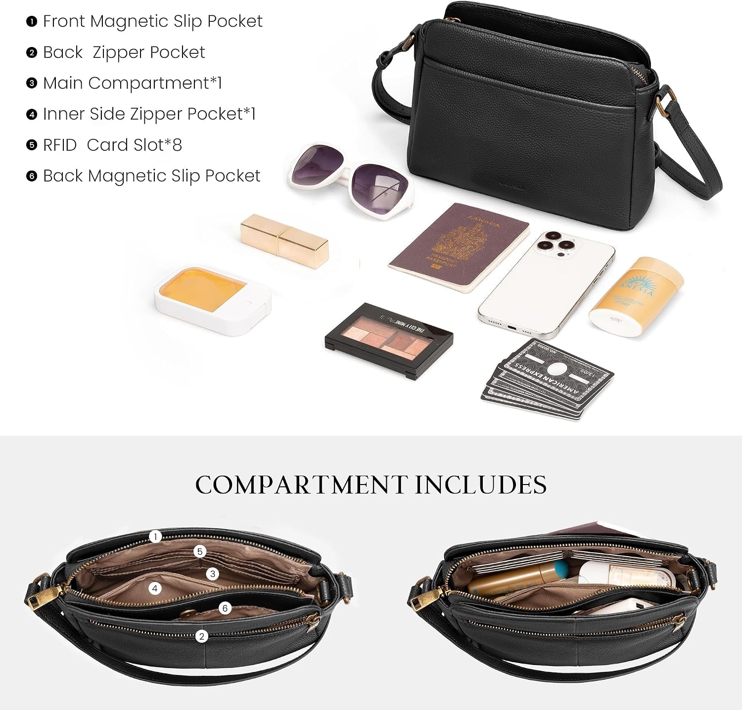 Anti-Theft Crossbody Bag for Women Genuine Leather, Small Cross Body Shoulder Handbags with RFID Card Slots